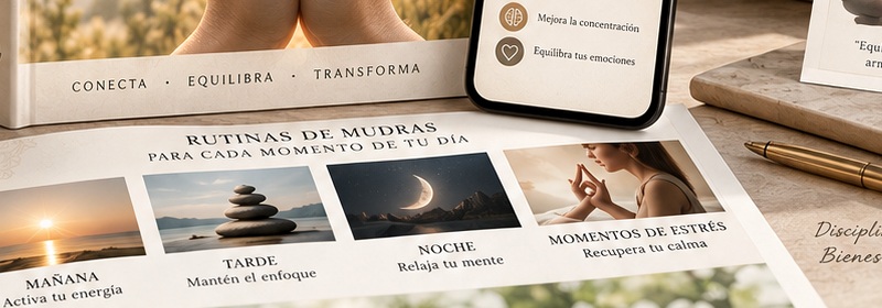 Página ilustrada con rutinas de mudras para mañana, tarde, noche y momentos de estrés