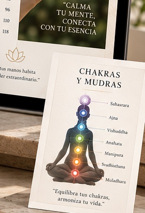Página ilustrada sobre los siete chakras y su relación con los mudras